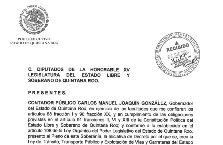 Manda gobernador iniciativa de Ley de Transporte