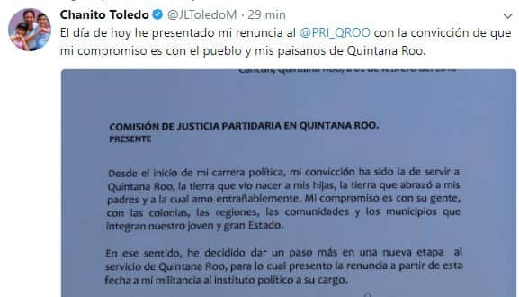 Renuncia “Chanito” Toledo al PRI