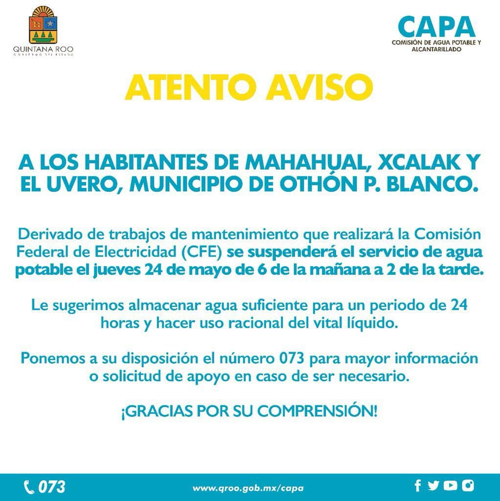 Mañana no habrá agua en Mahahual