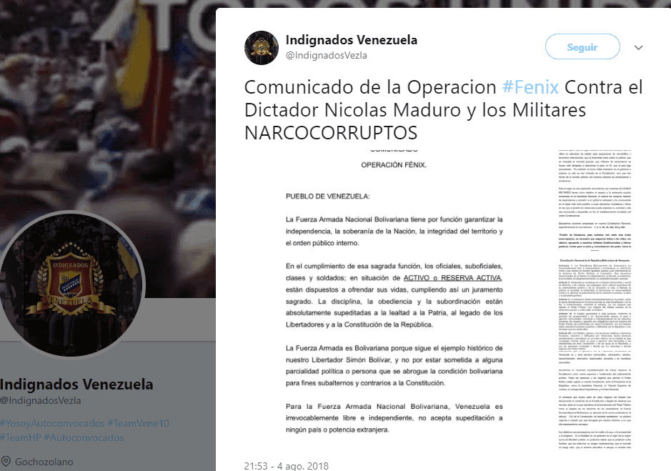 Se atribuye el atentado en Venezuela "Soldados de Franela", resistencia de Óscar Pérez