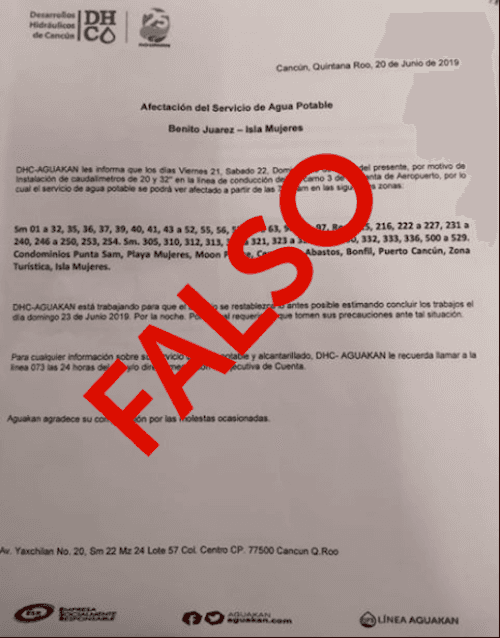 Circula falso comunicado de Aguakan anunciando supuesto desabasto de agua