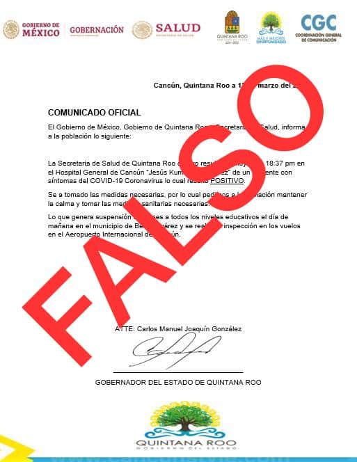 Comunicado de supuesto caso de coronavirus en Cancún es falso