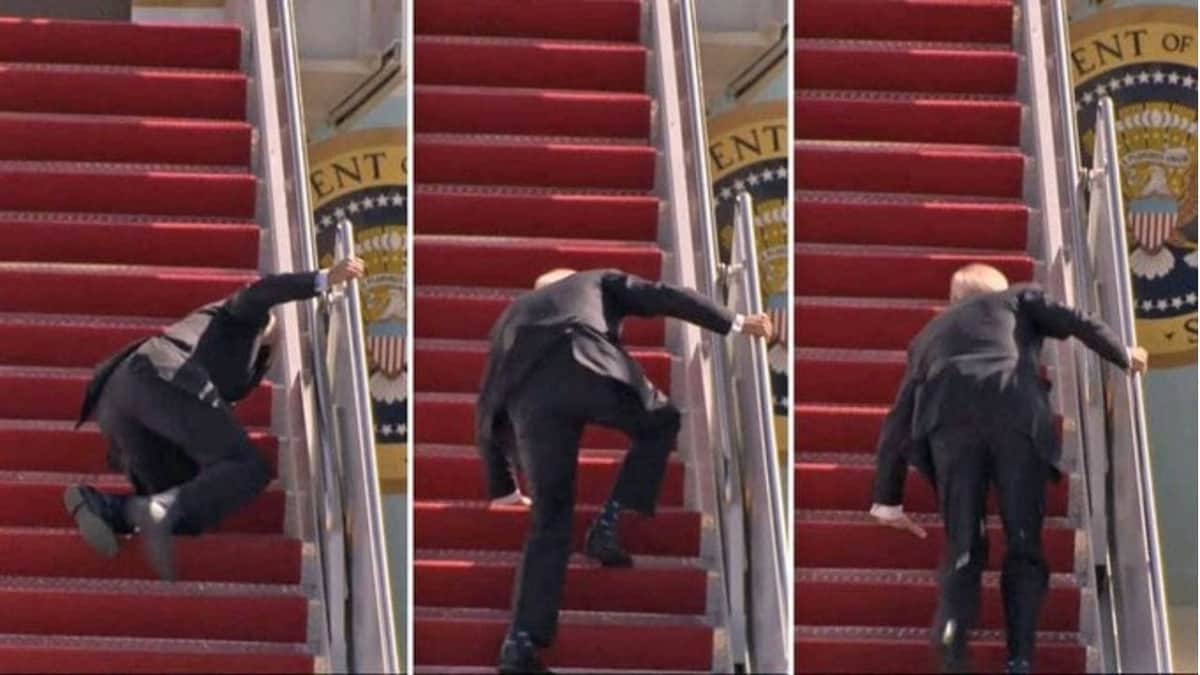 VIDEO: Joe Biden se cae una y otra vez antes de abordar un avión; se viraliza