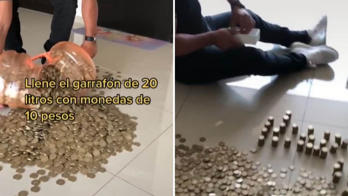 VIDEOS: Hombre llena un garrafón con monedas de 10 pesos y ahorró una buena cantidad de dinero