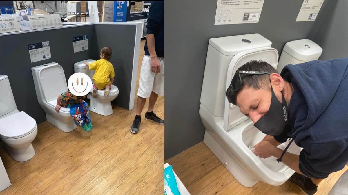 Niño se equivoca y hace sus necesidades en un inodoro de exhibición