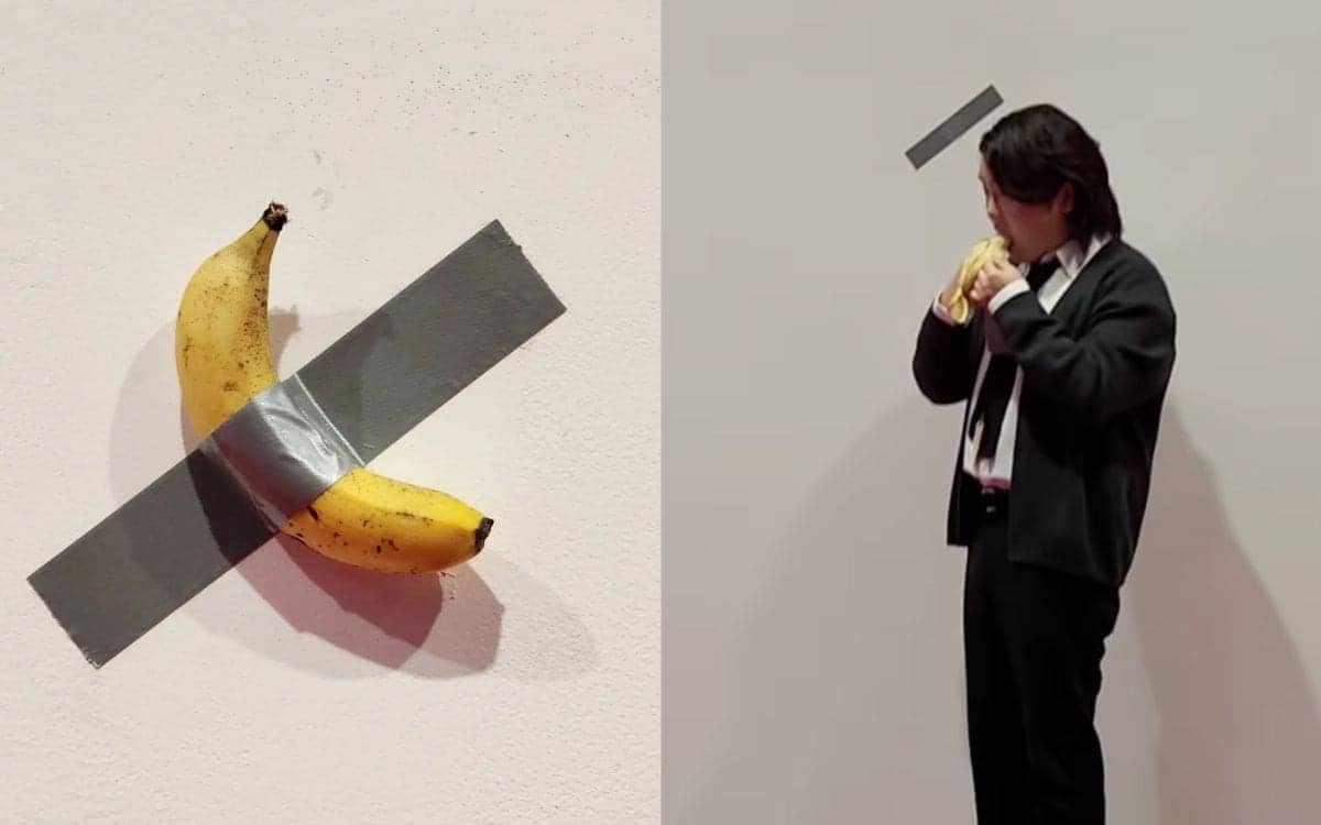 Joven se come polémica obra de plátano pegado a la pared