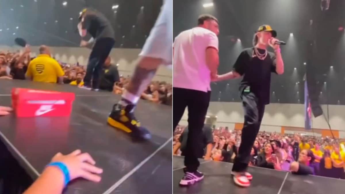 VIDEO: Peso Pluma rechaza tenis que un fan le regaló en pleno concierto y genera polémica