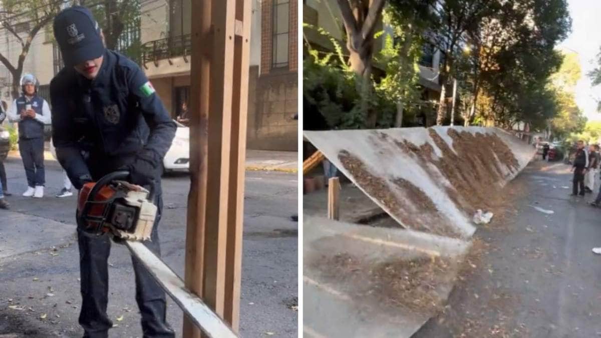 Sandra Cuevas corta pérgolas ilegales de restaurantes con una motosierra