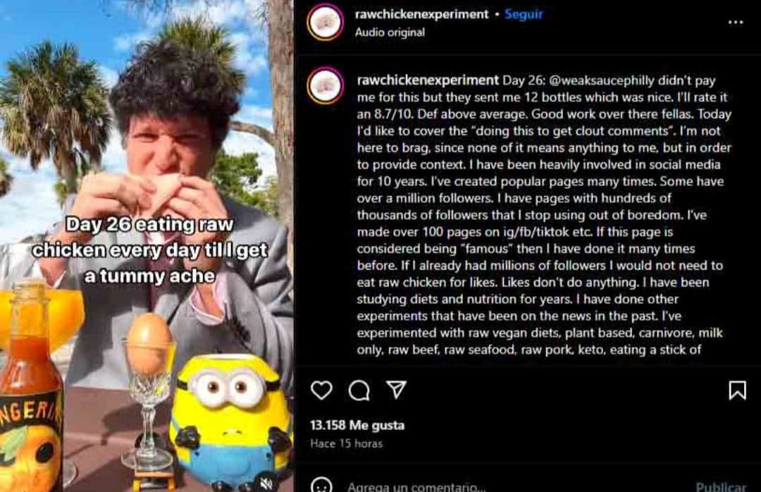Peligroso reto: Hombre comerá pollo crudo durante 100 días o hasta que lo hospitalicen