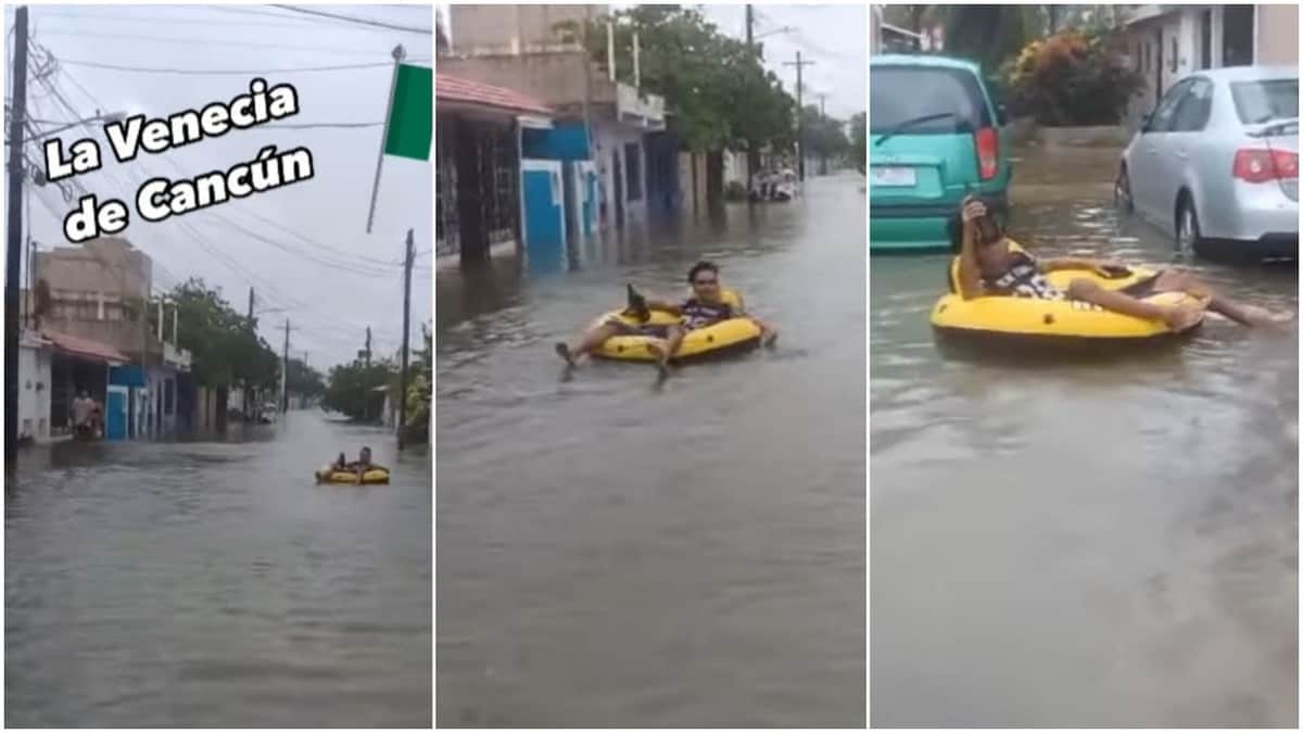 "La Venecia de Cancún"; sujeto aprovecha inundaciones por Helene para navegar con cerveza en mano