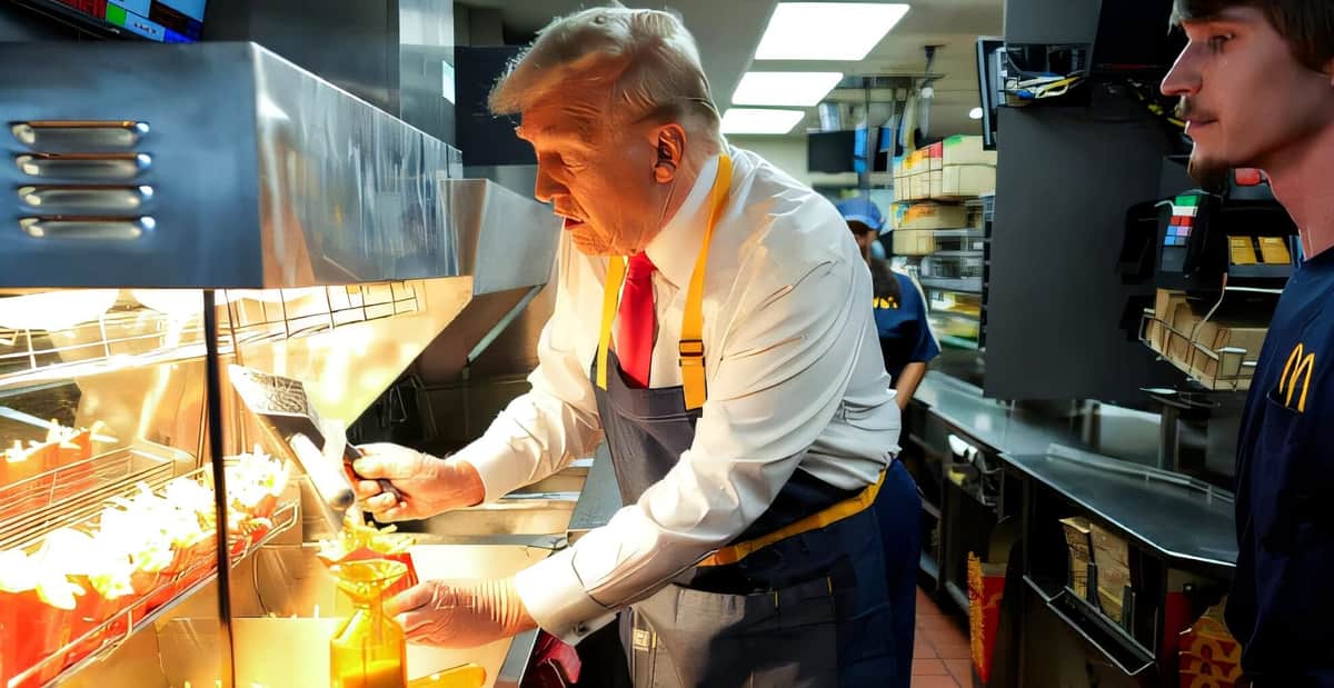 Donald Trump cocina papas fritas en un McDonald's y afirma que Kamala Harris nunca trabajó en uno