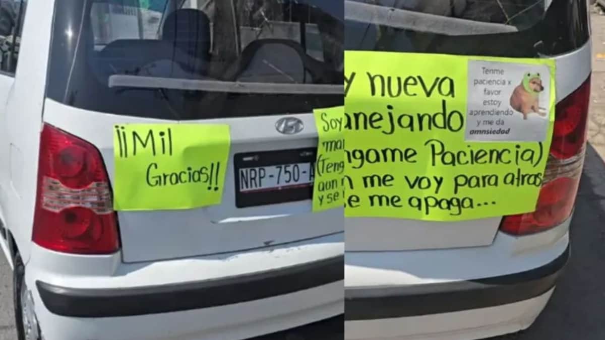 Video: Con divertido cartel, mujer advierte a conductores que está aprendiendo a manejar y pide paciencia