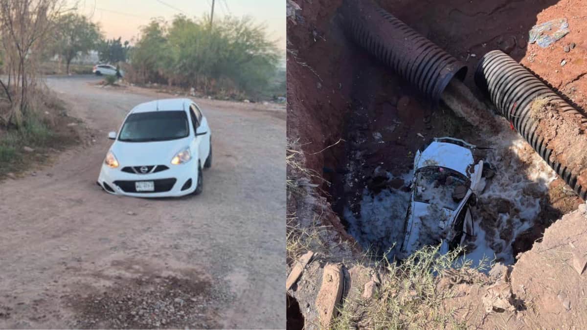 Socavón de tres metros de profundidad se traga un auto en Cajeme, Sonora