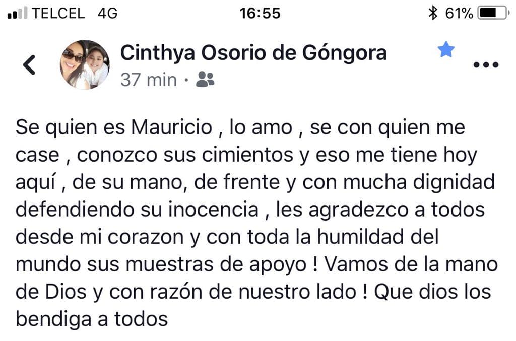 Confía Cinthya Osorio en que Mauricio saldrá libre