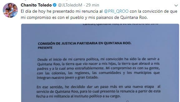 Renuncia “Chanito” Toledo al PRI