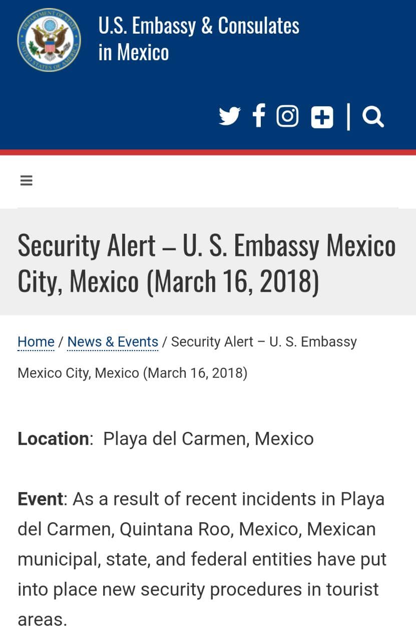 Levanta Estados Unidos la restricción de viaje a la Riviera para sus empleados, pero mantiene precauciones