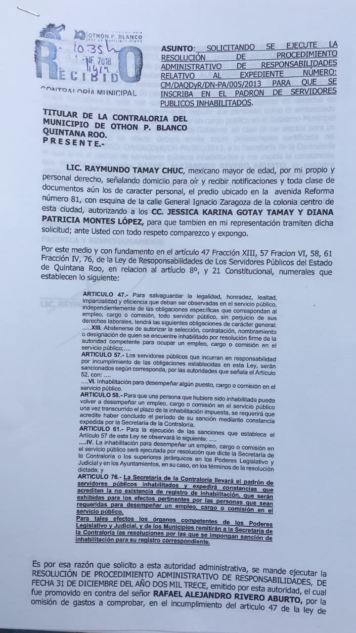 Piden inhabilitar a candidato a regidor en Othón P. Blanco