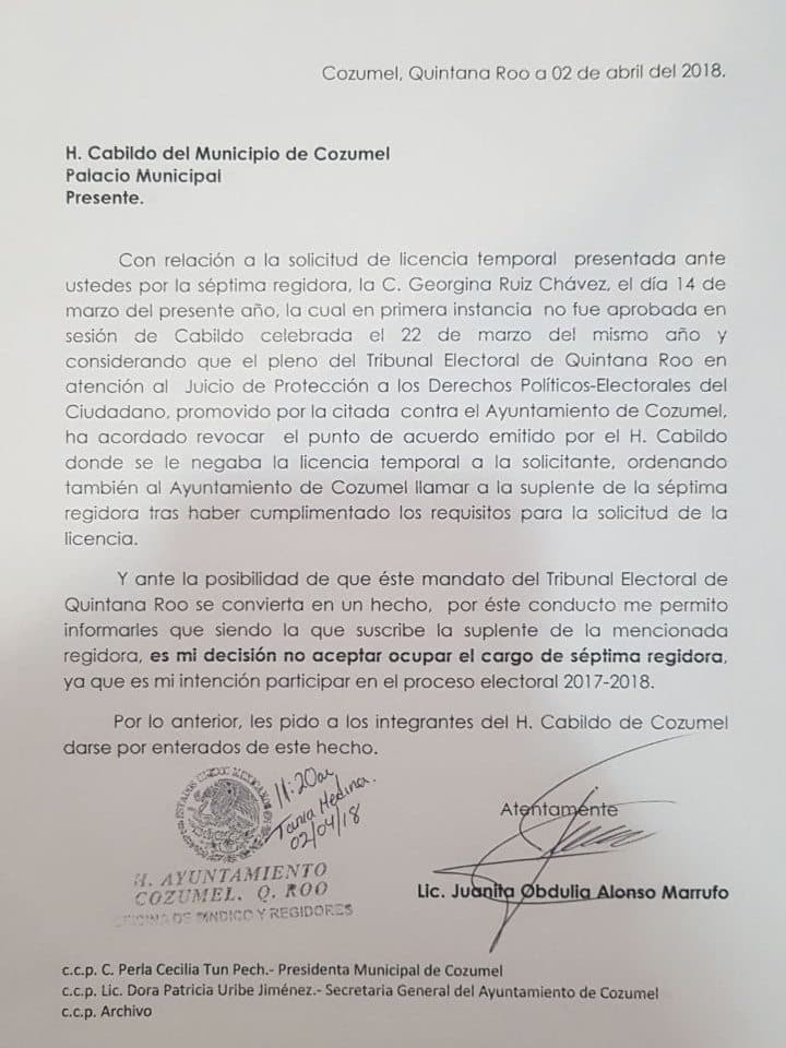 Confirma Juanita Alonso que no tomará protesta como regidora