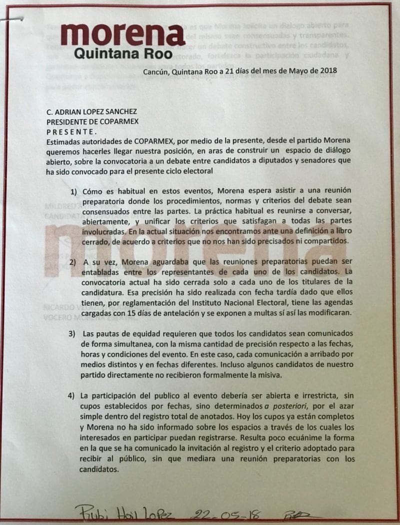 Candidatos de Morena no irán al debate organizado por la Coparmex