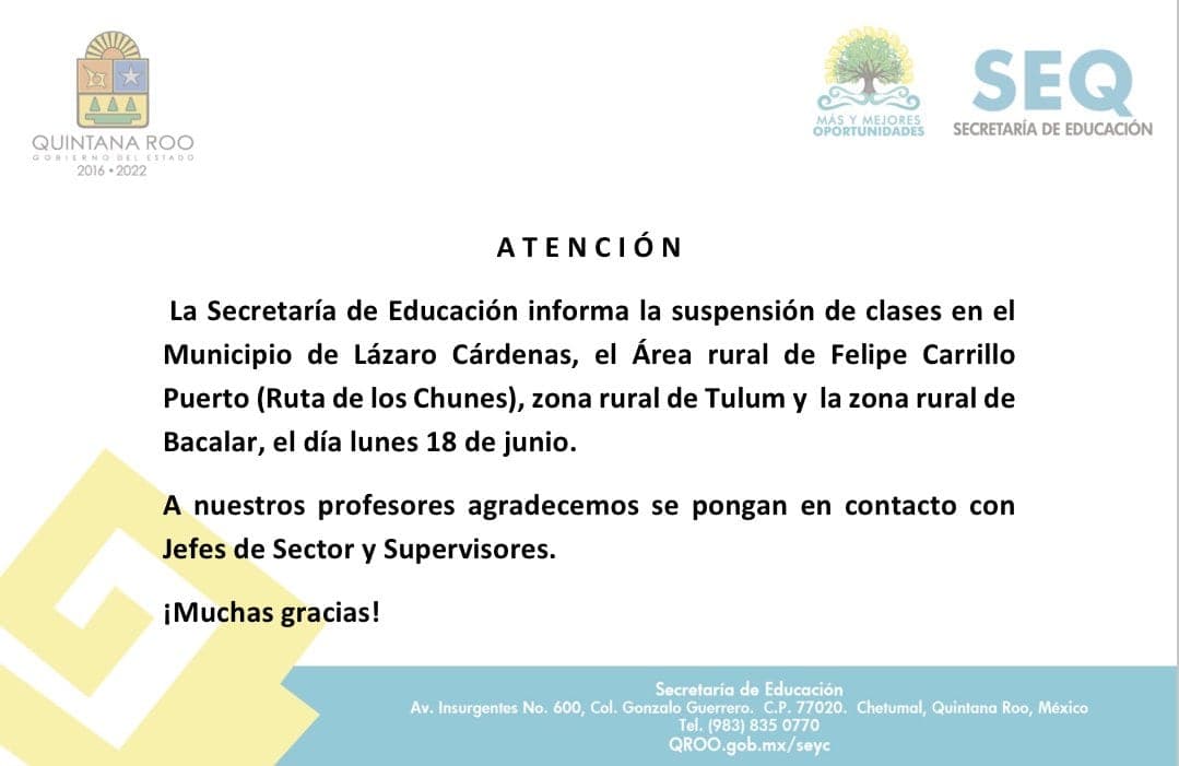 Suspenden clases en cuatro municipios