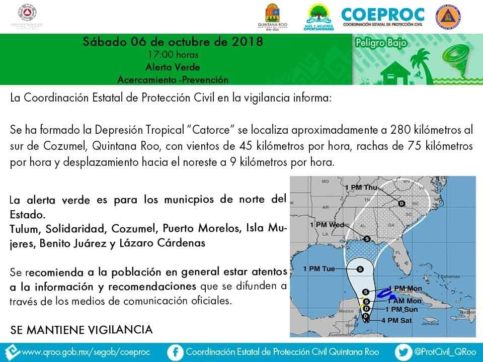 Emiten alerta azul y verde para municipios de Q. Roo