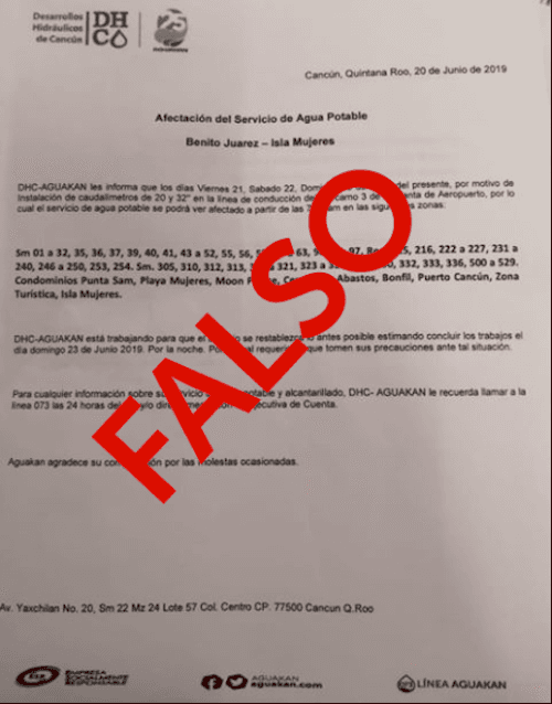 Circula falso comunicado de Aguakan anunciando supuesto desabasto de agua