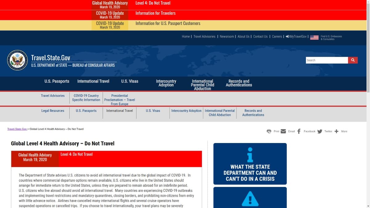 Al máximo la alerta de viaje de EU por coronavirus