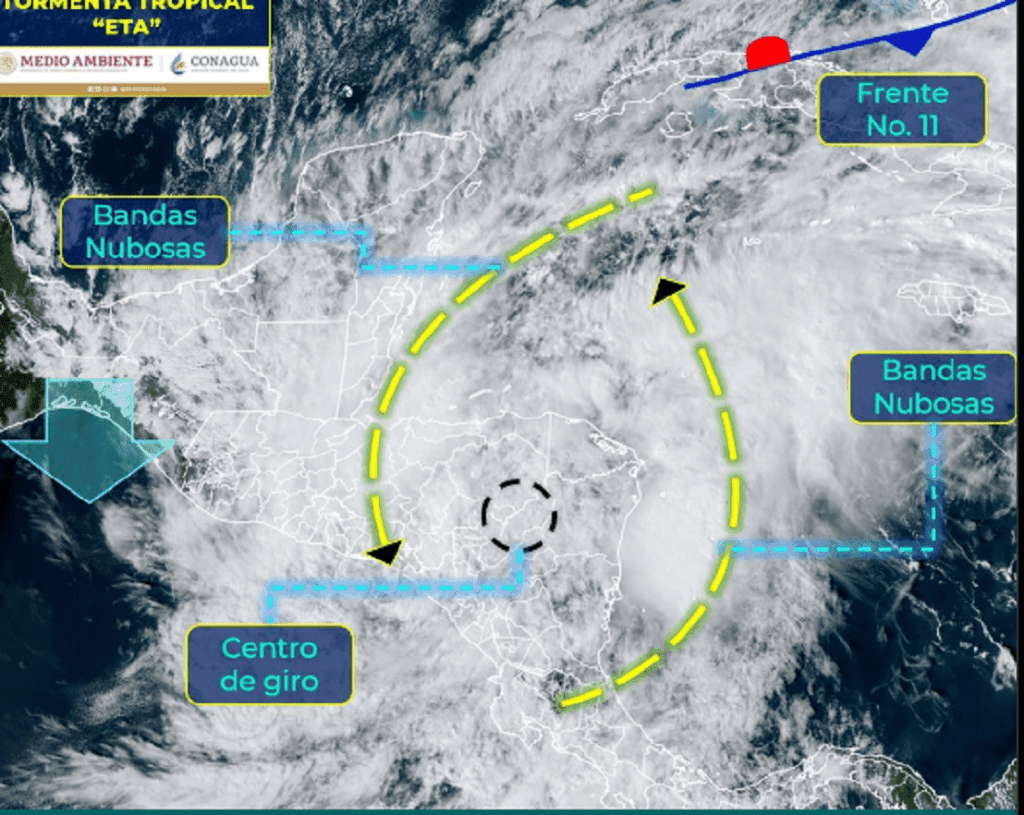 Se debilita "Eta" a Depresión Tropical sobre Honduras; se esperan lluvias en Quintana Roo
