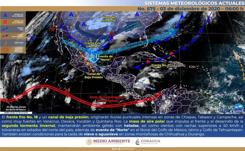 Cada vez más cerca de la Península de Yucatán el Frente Frío 18; se prevén lluvias