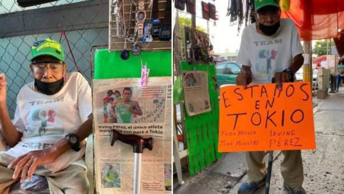 Abuelito colocó cartulinas con fotos del triatleta Irving Pérez, en apoyo a su nieto