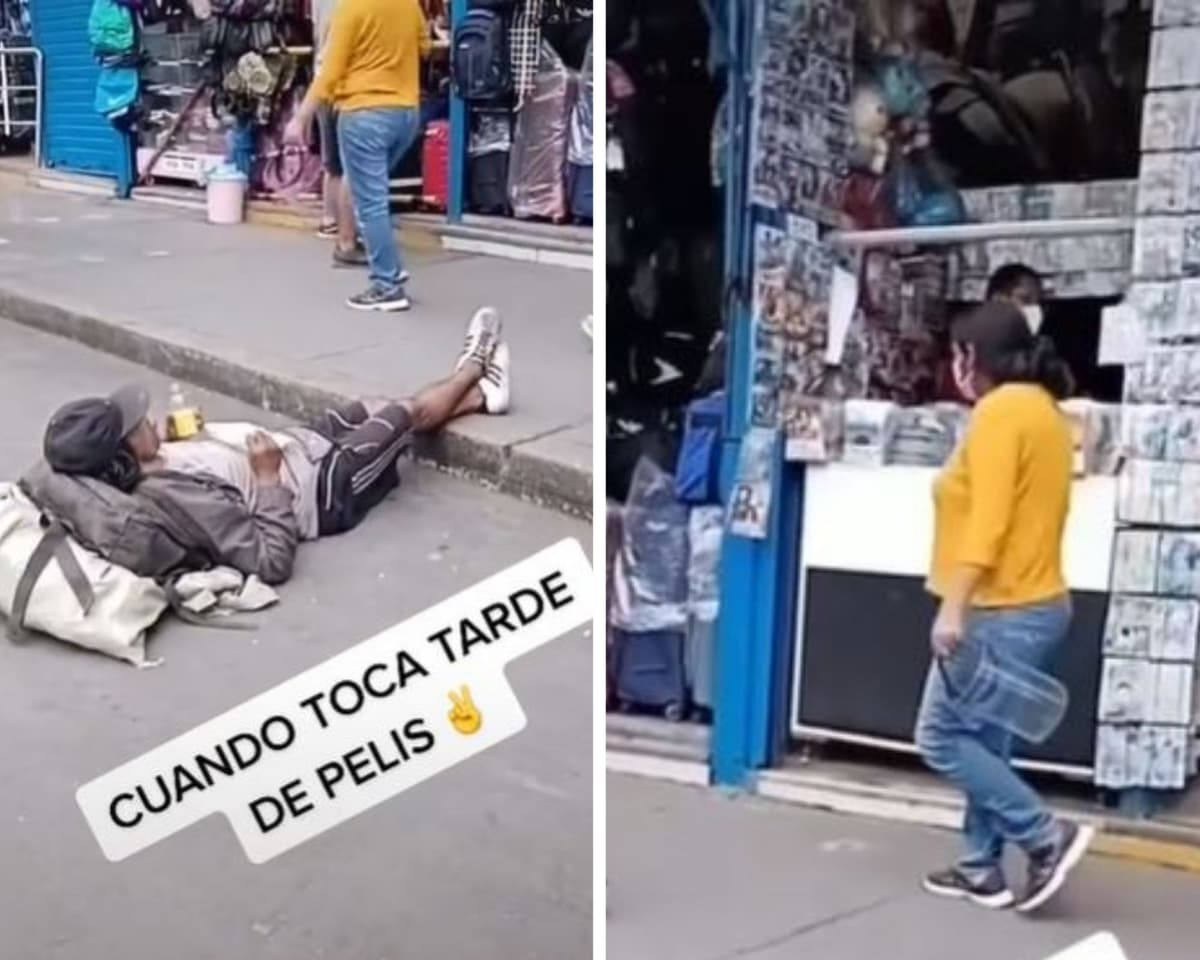 VIDEO: Hombre se recuesta en la calle con botana para ver pelis de un puesto