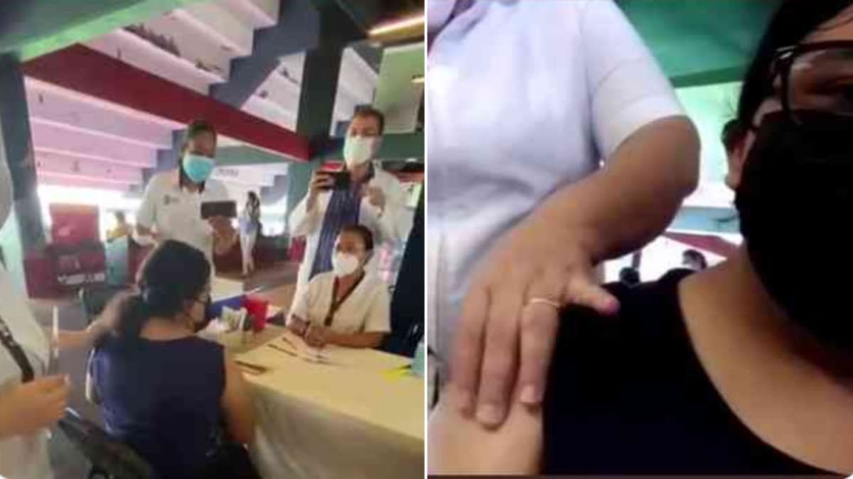 VIDEO: Captan a enfermera simulando vacunar a mujer contra Covid-19, lo atribuyen al 'cansancio'