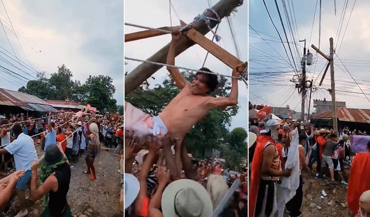 Video: Sujeto se salva de descarga eléctrica mientras personificaba a Jesús en viacrucis