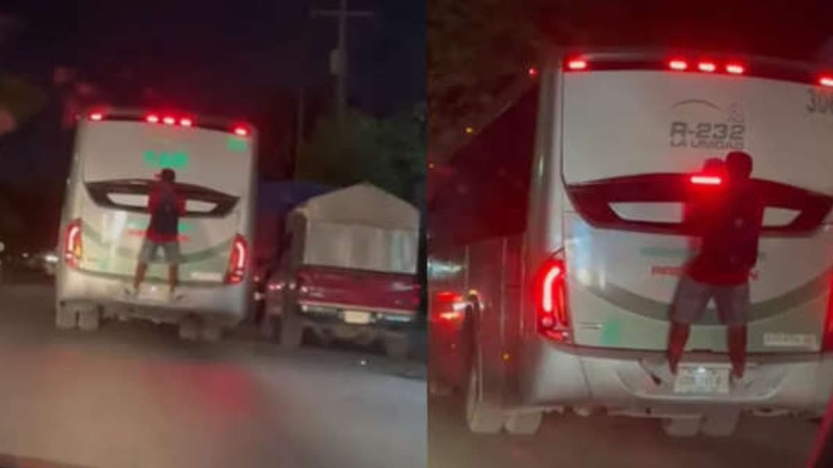 VIDEO: Captan a sujeto 'trepado' en la parte trasera de un camión urbano en NL