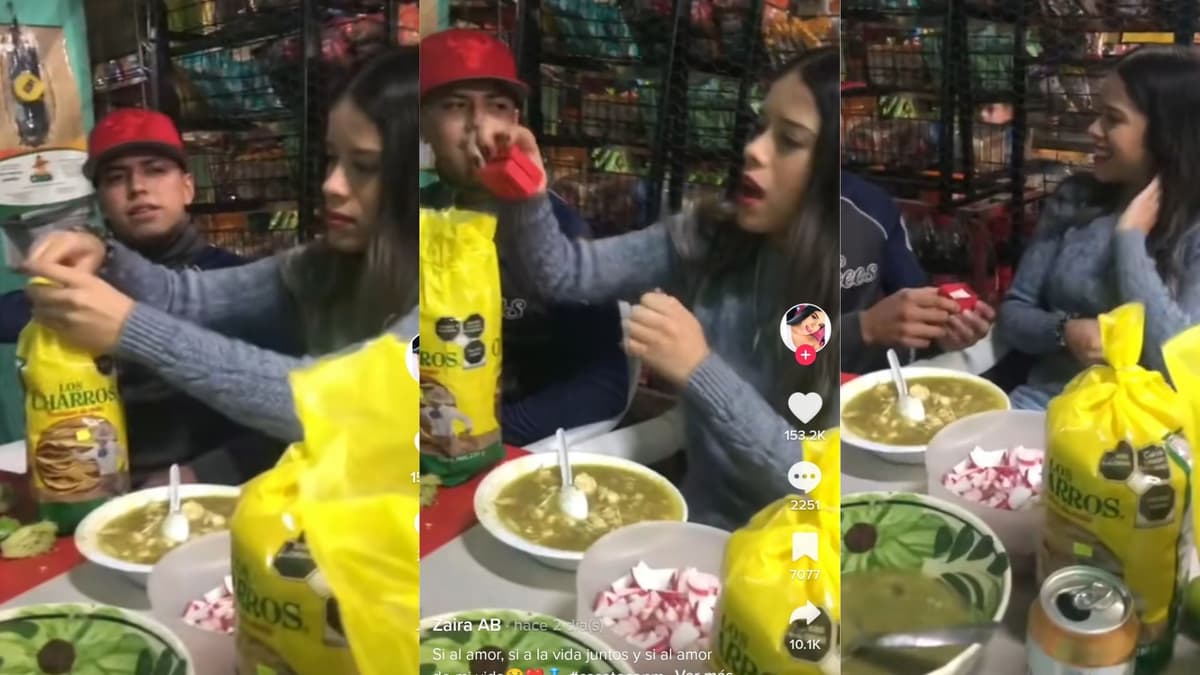 VIDEO: Joven entrega anillo de compromiso a su novia en paquete de tostadas mientras comían pozole