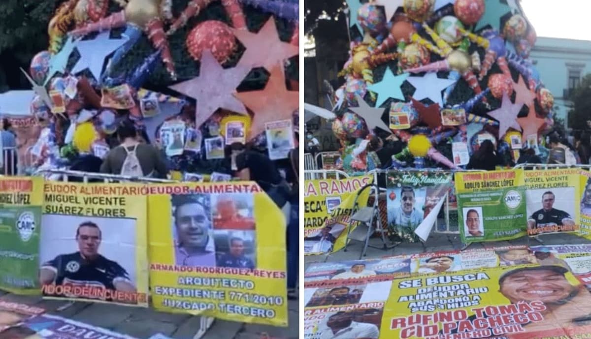 Decoran pino de Navidad con fotos de padres deudores de pensión alimentaria