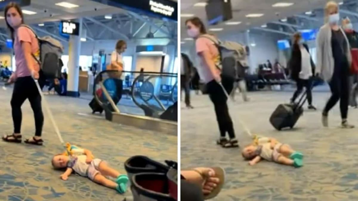 VIDEO: Critican a mujer por arrastrar a su bebé con una correa por el aeropuerto