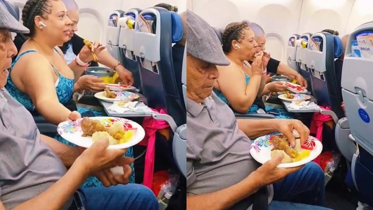 Mujer saca pollo frito con papas durante un vuelo y se hace viral: “Aquí nadie pasa hambre”