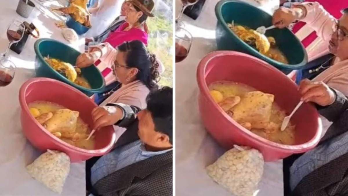 VIDEO: Novios sorprenden a invitados de su boda sirviendo caldo con pollo entero