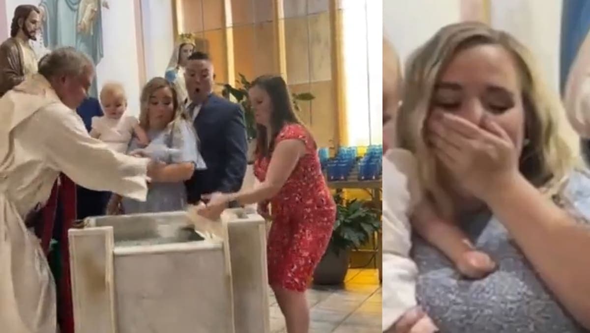 VIDEO: Bebé traviesa tira la Biblia en el agua bendita durante el bautizo