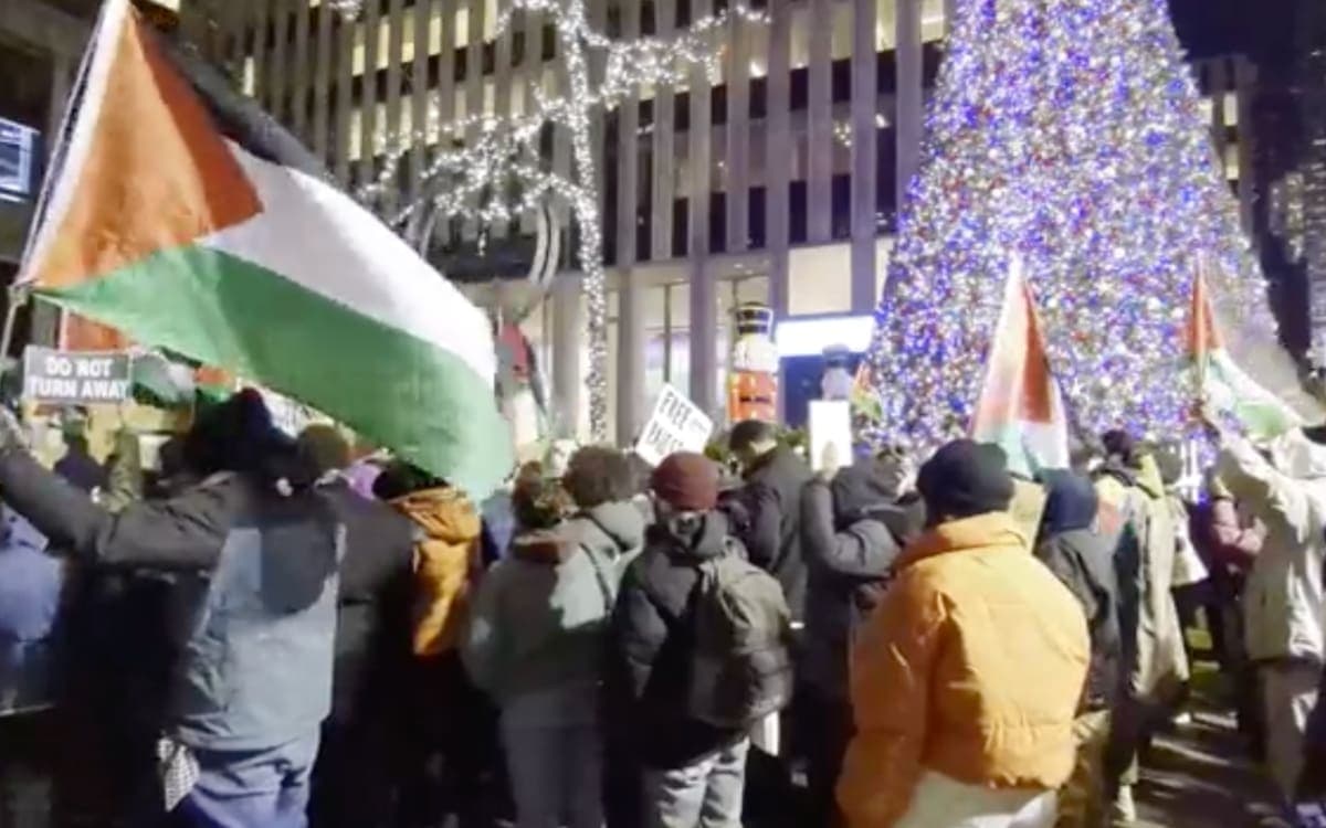 Protestan a favor de Palestina cerca del famoso árbol de Navidad de Nueva York