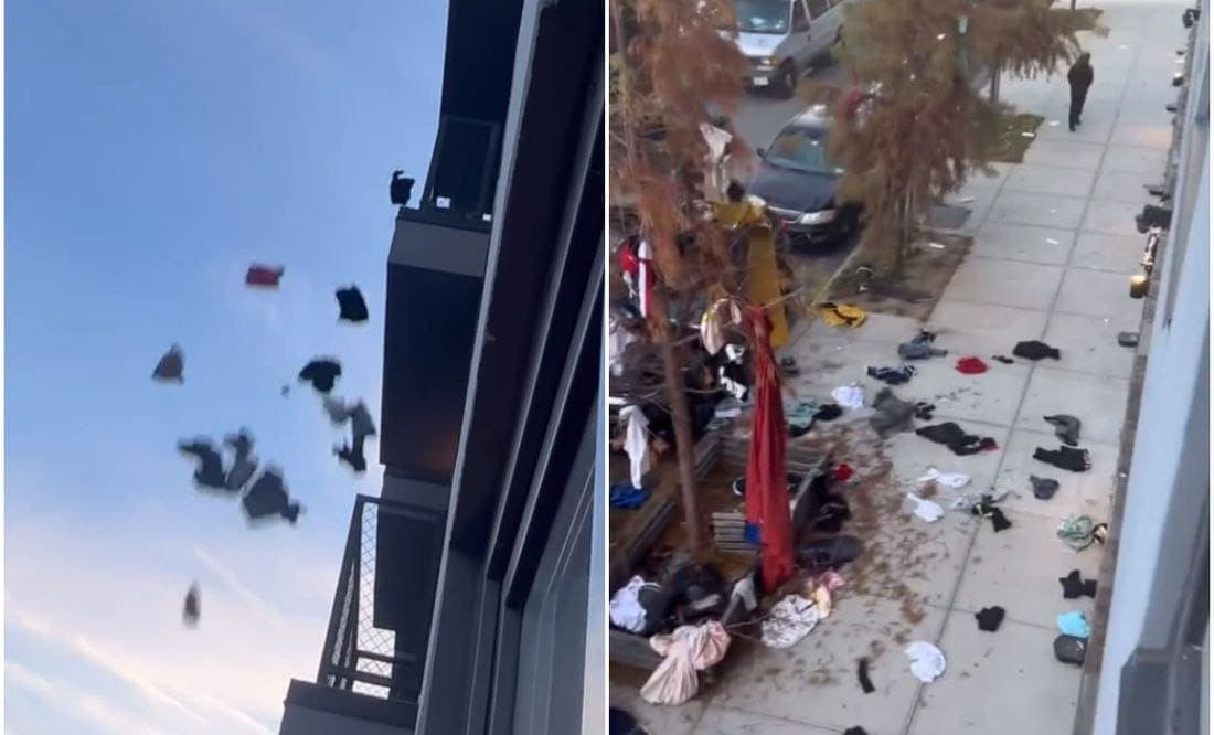 Video: Mujer arroja ropa de su novio de edificio en NY tras descubrir su infidelidad y se vuelve viral en TikTok