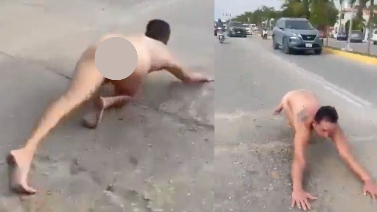 VIDEO: Captan en avenida de Tulum a sujeto desnudo; presumen que estaba bajo efectos de drogas