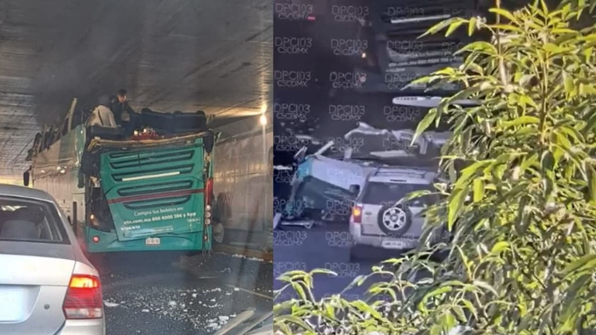 VIDEO: Autobús de pasajeros intenta pasar por puente y se queda sin techo en viaducto de CDMX