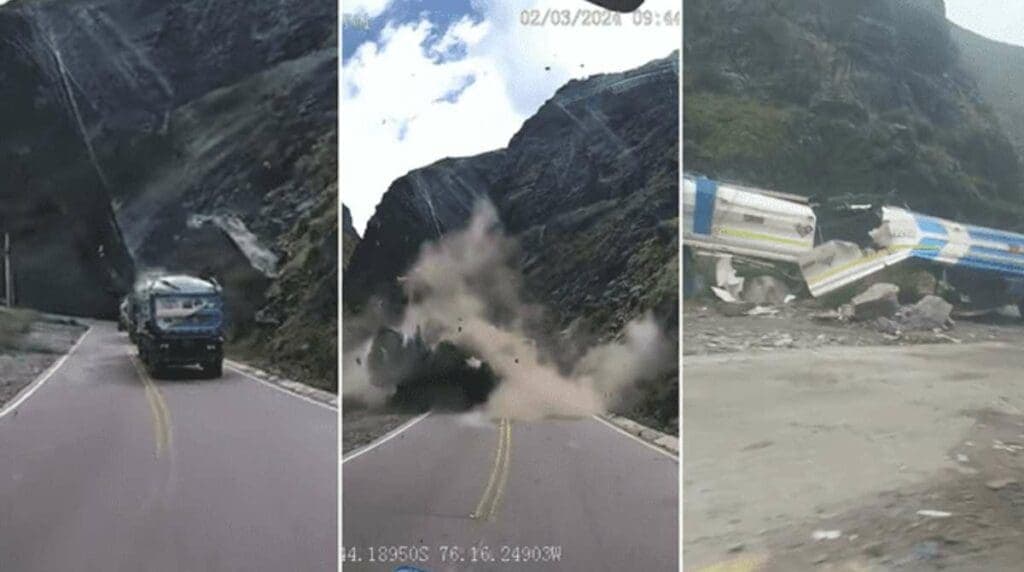 Video: Enormes rocas caen de una montaña y aplastan dos camiones en Perú