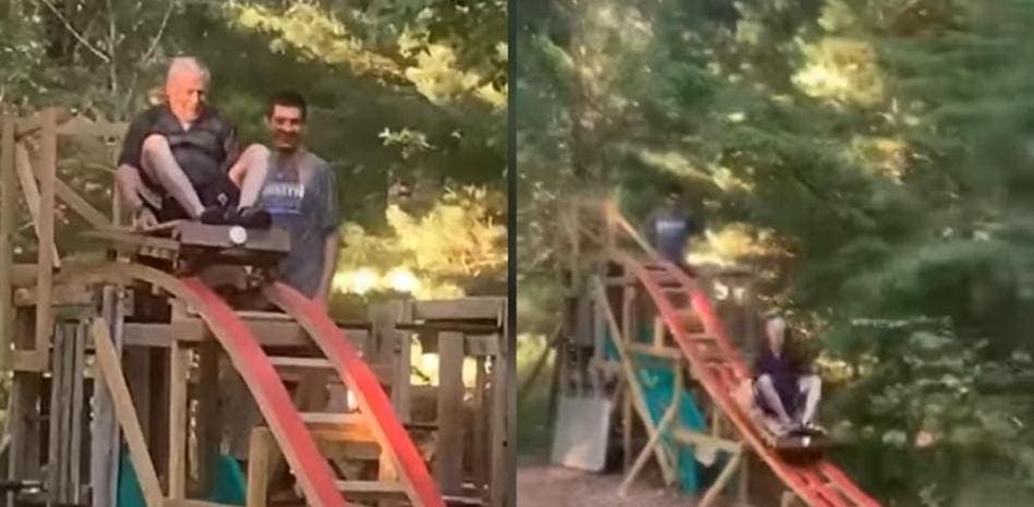 Joven construye una montaña rusa en su patio como regalo para su abuelo