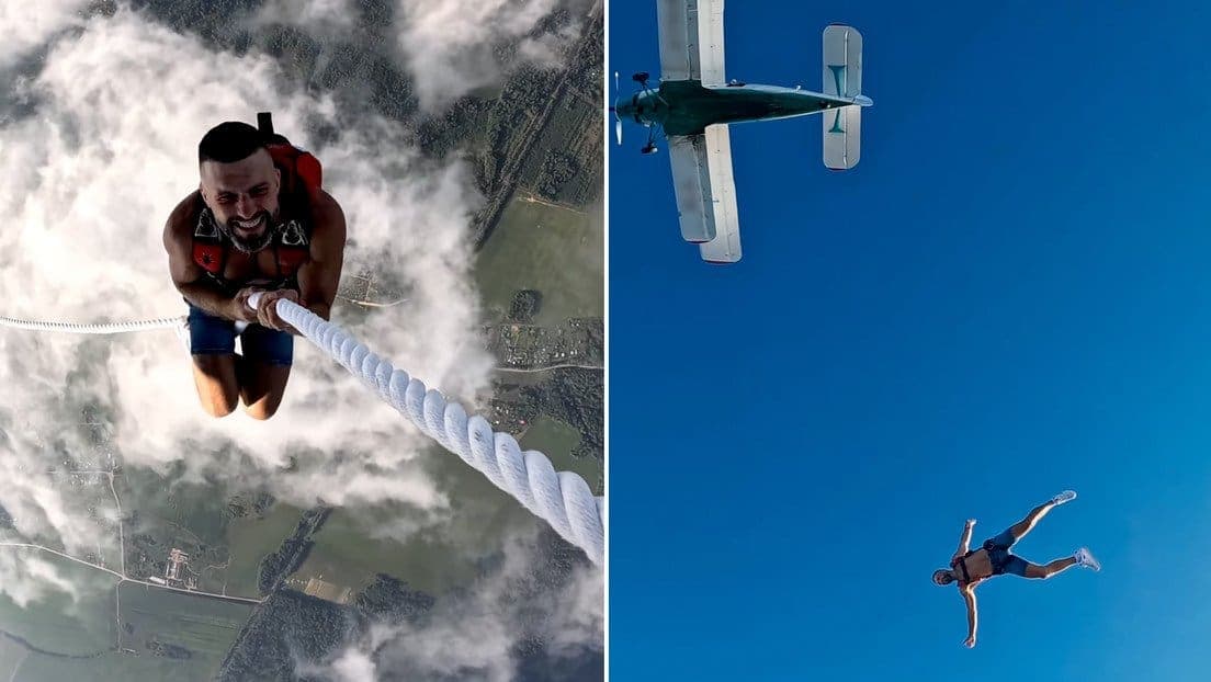 Video: Ruso realiza acrobacia aérea sin protección y regresa al avión por una cuerda