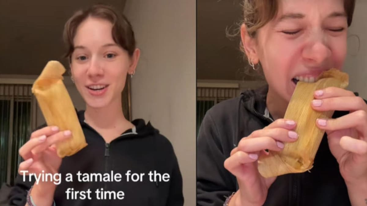 Video: Mujer prueba un tamal por primera vez en Estados Unidos y se lo come con todo y hoja