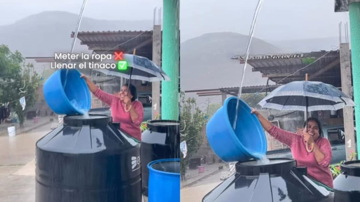 Video: Mujer aprovecha la lluvia para llenar su tinaco en México