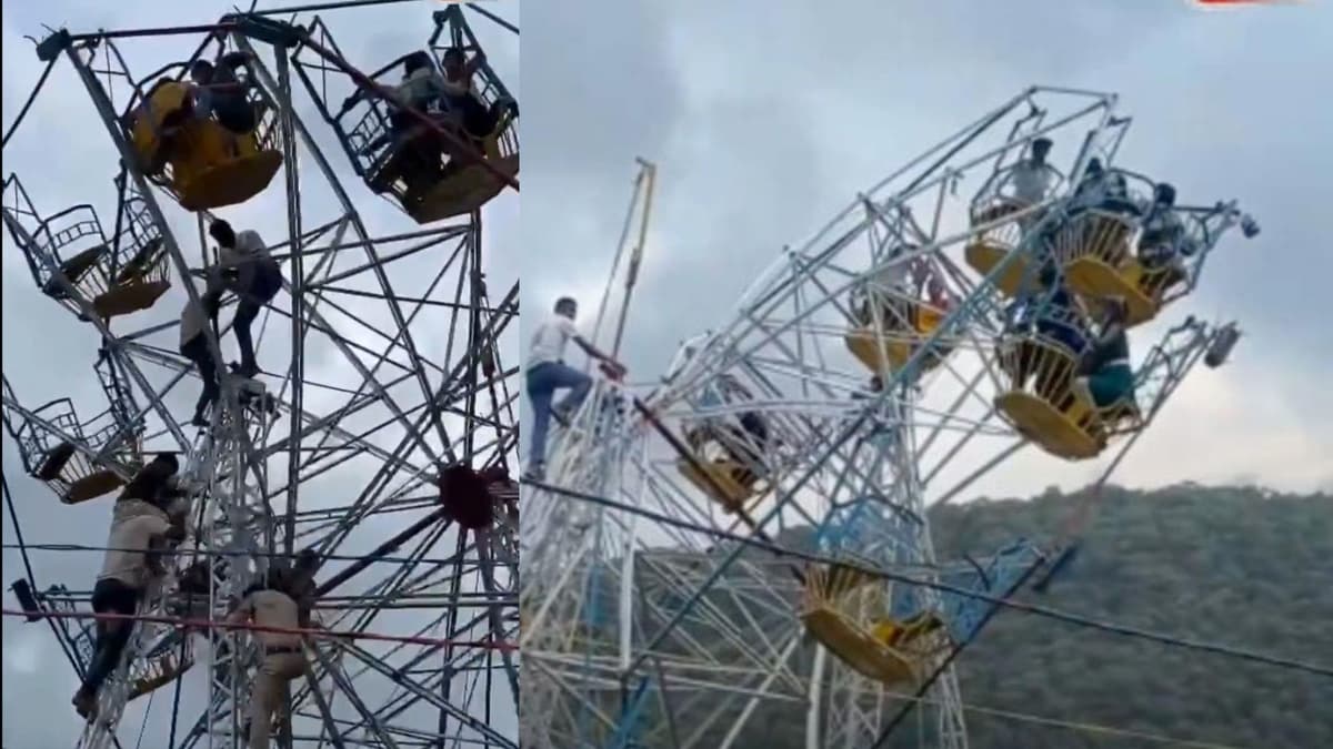 Video: Estructura de rueda de la fortuna se dobla con pasajeros a bordo en una feria de India
